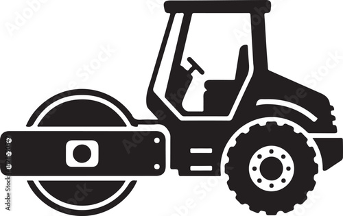 Black and white silhouette of a heavy duty road roller construction vehicle