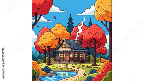 A cozy wooden cabin nestled in a vibrant autumn forest with colorful trees, a winding path, and a small pond under a blue sky.