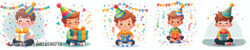 vector of a little boy sit holding new year gift