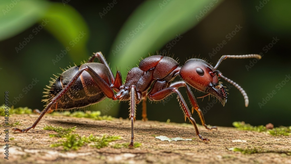 Fototapeta premium Two ants on a wooden surface with green foliage in the background.