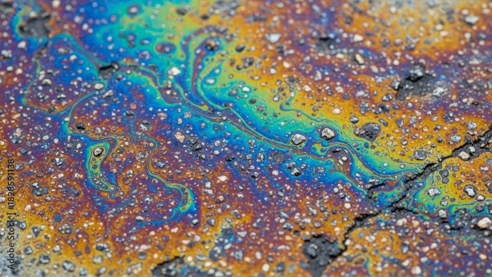 Naklejka premium Stunning iridescent oil spill on asphalt creates vibrant rainbow effect perfect for abstract backgrounds or environmental awareness campaigns