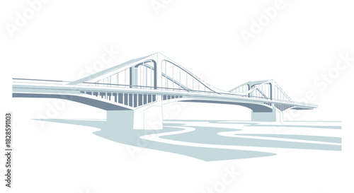Striking modern bridge illustration showcasing sleek architectural design over a peaceful river, emphasizing engineered elegance and urban connectivity in a minimalist blue and white palette