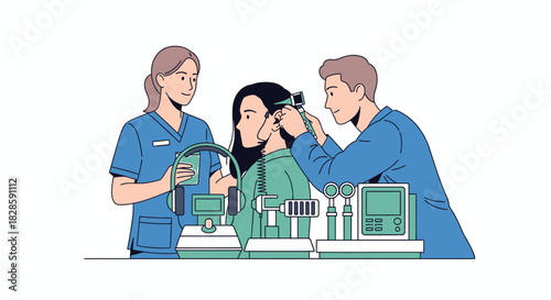 Medical Professionals Performing an Ear Examination on a Patient with Advanced Equipment