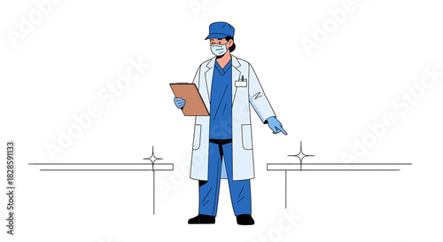 Medical professional in protective gear examining patient beds with clipboards and medical equipment