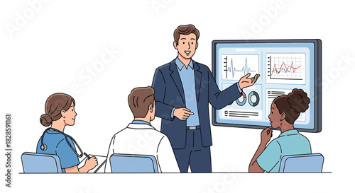 Medical Team in a Meeting, Analyzing Data on a Screen, Presenting Information and Statistics