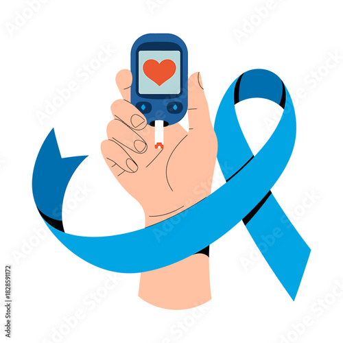 Diabetes awareness concept showing a hand holding a glucometer with a heart symbol and a blue ribbon for world diabetes day