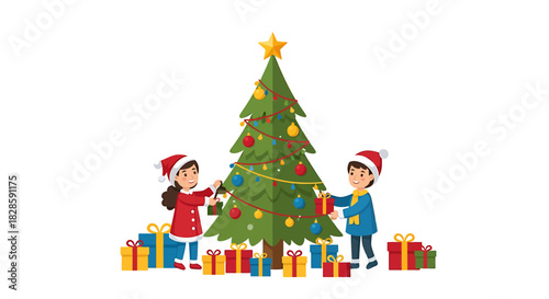 Cheerful children decorating a festive Christmas tree with colorful ornaments and a shining star, surrounded by a pile of beautifully wrapped presents, embracing the holiday spirit