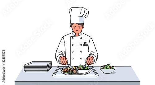 A professional chef in a white uniform meticulously preparing a plate of food, with a side salad and a tray on the table