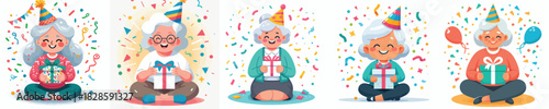 vector of a granmother sit holding new year gift