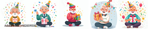 vector of a grandfather sit holding new year gift
