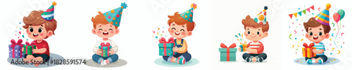 vector of a little boy sit holding new year gift