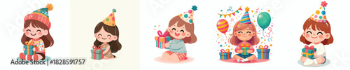 vector of a little girl sit holding new year gift