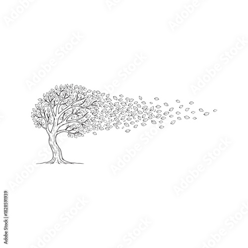 Tree losing leaves in the wind line art. Minimalist vector illustration of autumn, change, and nature's cycle.