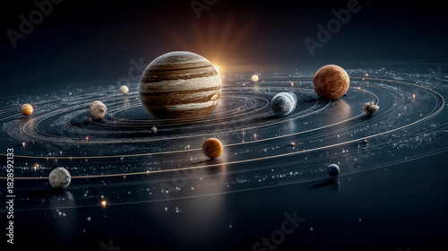 Artistic representation of the solar system with planets orbiting a luminous sun.