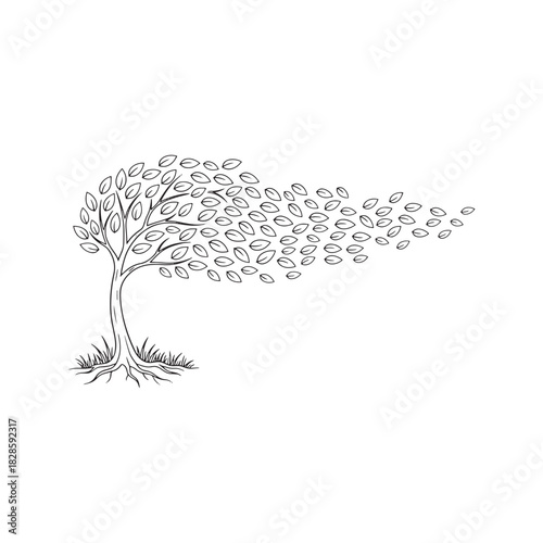 Tree losing leaves in the wind line art. Minimalist vector illustration of autumn, change, and nature's cycle.