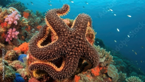 Fototapeta Naklejka Na Ścianę i Meble -  A starfish with orange and brown spines on a coral reef with colorful fish.