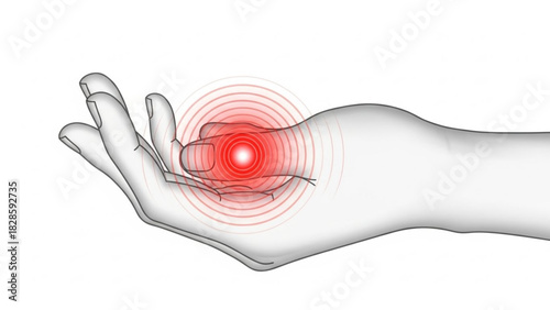 Hand illustration with red circles indicating pain or discomfort on the thumb joint area of the hand