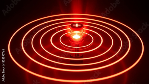 Red light emitting from a container with a white cross surrounded by concentric glowing rings