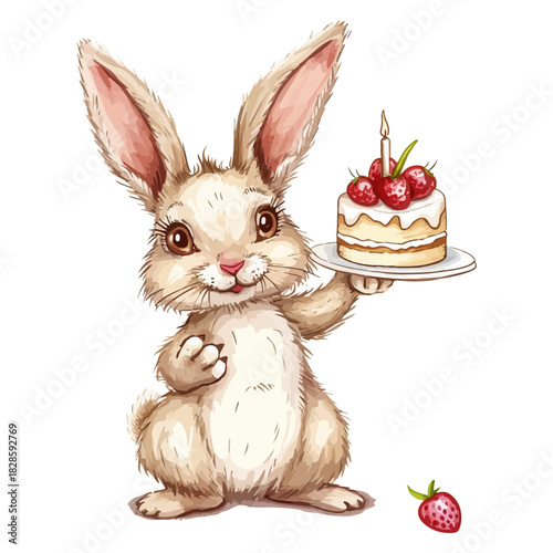 Rabbit cute holding cake illustration vector on white background