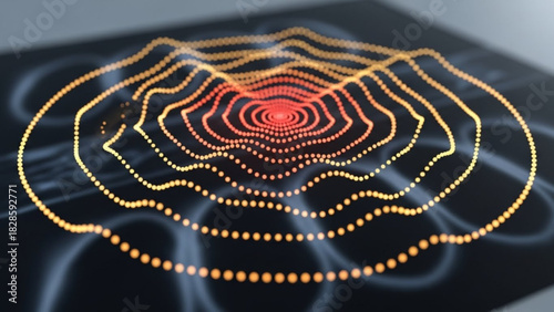 Concentric circles of orange and red dots on a dark surface with blurred light patterns forming a visual