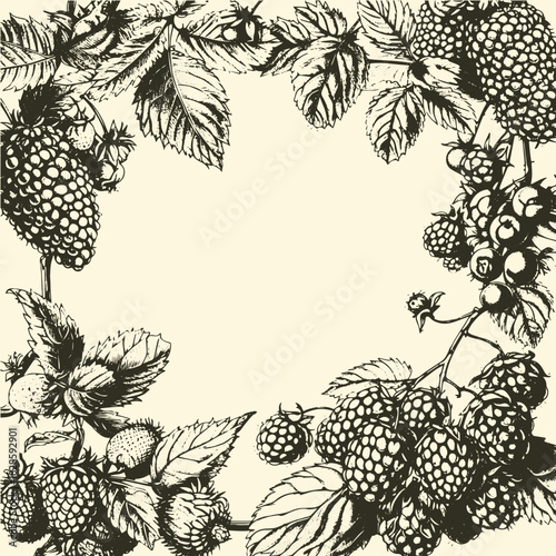 Tropical Fruits, Illustration Frame of Hand Drawn Sketch Fresh Elaeagnus Ebbingei, Oleaster or Ebbings Silverberry and Golden Himalayan Raspberries or Rubus Ellipticus Fruits