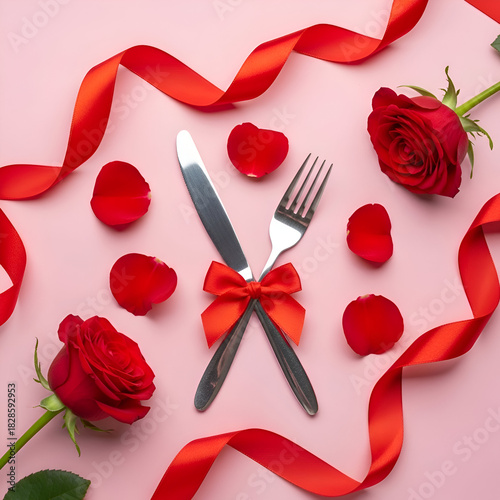 Romantic table setting with red roses and ribbon for valentines day dinner