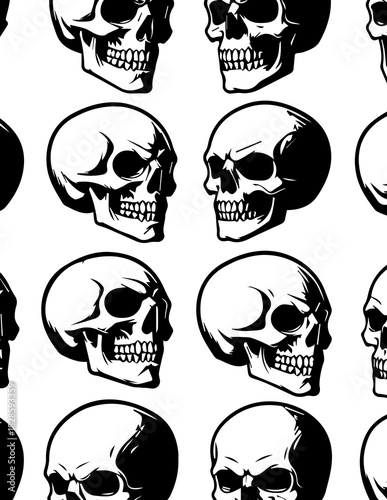 Intricate Skull Pattern: An ominous and detailed pattern featuring a repeated arrangement of human skulls. The monochrome palette accentuates the intricate bone structure and shadows.