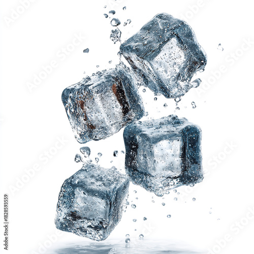 Close-up of Splashing Clear Bubbly Ice Cubes with Water Droplets for Cold Drink Ads & Summer Cooling Theme Design Background

