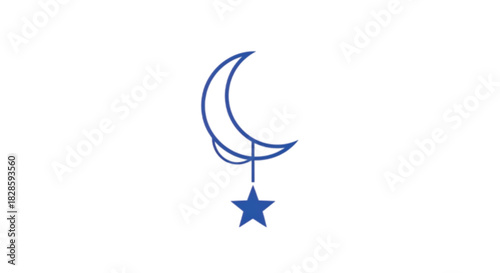 Delicate blue crescent moon with a dangling star against a clean white background.