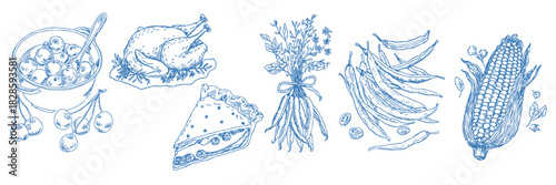 Hand drawn thanksgiving food elements in a vintage doodle illustration set for fall celebration