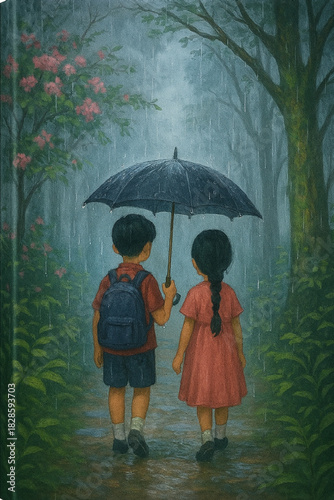 Two children sharing an umbrella in the rain on a path