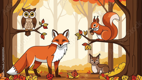 A charming cartoon illustration of various forest animals including a fox, owl, squirrel, and small cub in a vibrant autumn woodland scene with colorful leaves.