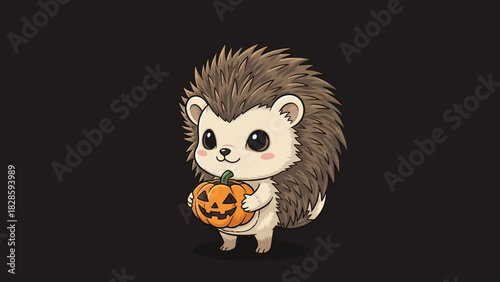 A cute, cartoon hedgehog holding a small, carved pumpkin with a jack-o'-lantern face.