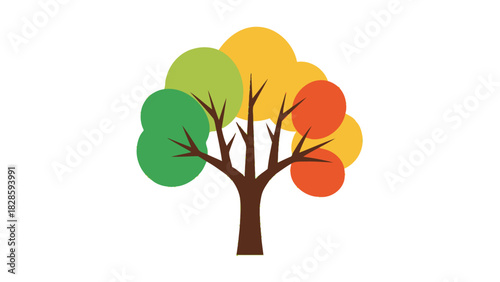 A stylized graphic illustration of a tree with a brown trunk and branches, featuring colorful circular leaves in green, yellow, and orange on a white background.