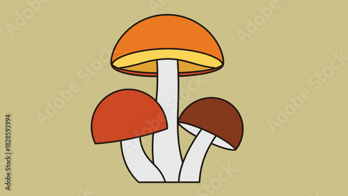 Three stylized mushrooms with orange, red, and brown caps, and white stems, against a beige background.