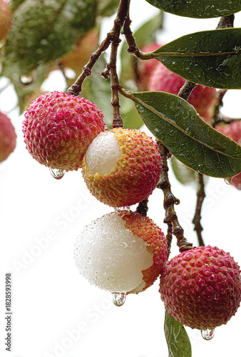Fresh Lychee Bunch (Including Peeled One) on Branch with Water Droplets for Fruit Promotion & Healthy Diet Food Content Materials
