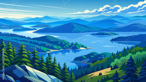 Very beautiful panoramic view of Lake Jocassee from a high overlook in a natural wilderness setting, featuring expansive blue water, rolling forested hills, and soft atmospheric depth without any iden