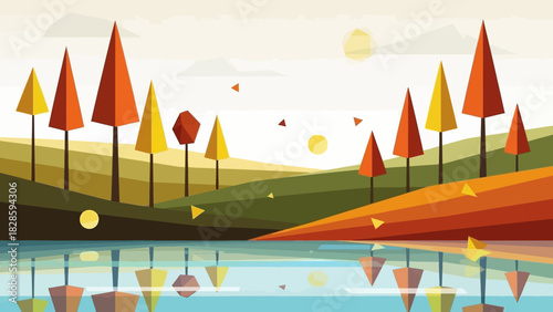 Stylized autumn landscape with colorful trees reflected in a calm lake under a bright sun.