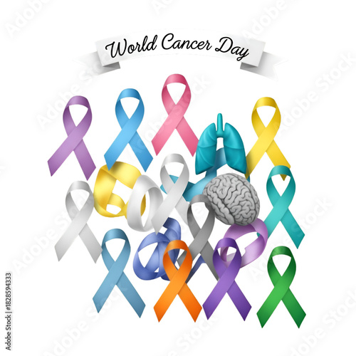 World cancer day awareness ribbons and human organs isolated on transparent background