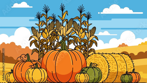 A vibrant illustration of a bountiful autumn harvest featuring pumpkins, gourds, corn stalks, and hay bales under a clear blue sky with scattered clouds.