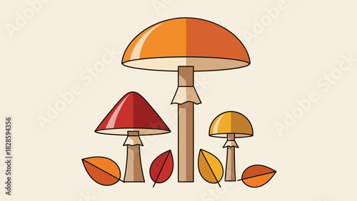 Stylized flat illustration of three colorful autumn mushrooms with fallen leaves on a light background.