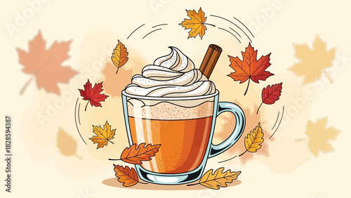Illustration of a pumpkin spice latte with whipped cream and a cinnamon stick, surrounded by autumn leaves.
