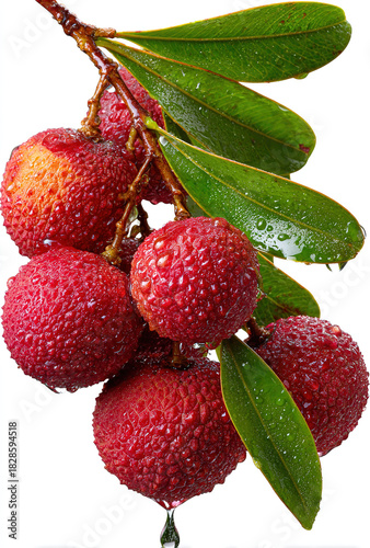 Close-up of Fresh Lychee Bunch on Branch with Water Droplets for Fruit Ads & Healthy Diet Food Photography Materials
