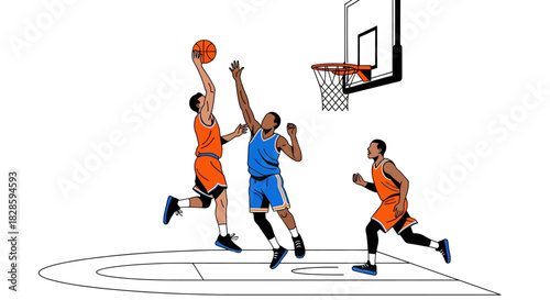 Three basketball players are illustrated playing in a basketball court with a hoop