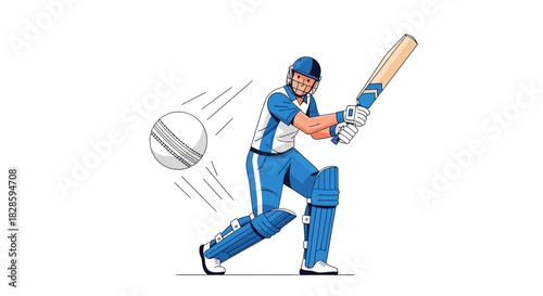 A cricket player with blue pads hits a ball with a bat
