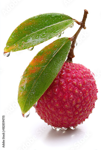 Close-up of Single Fresh Lychee on Branch with Water Droplets for Fruit Ads & Healthy Diet Food Materials
