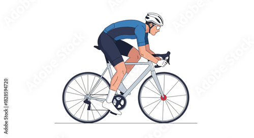 A cyclist wearing a helmet and sunglasses rides a silver road bike