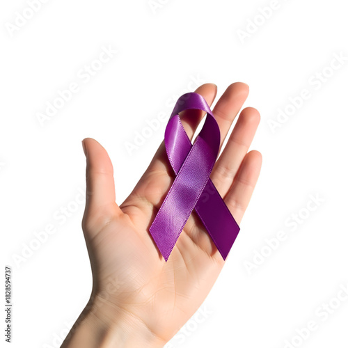 Hand holding a purple ribbon isolated on transparent background for awareness of cancer 