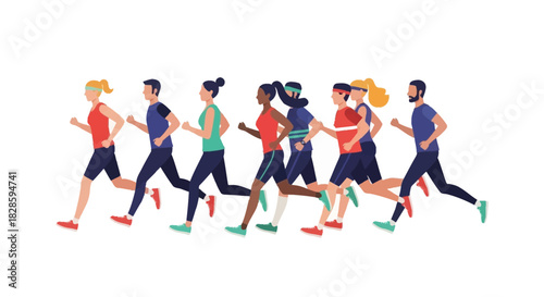 A diverse group of people running depicted in a simple modern vector style