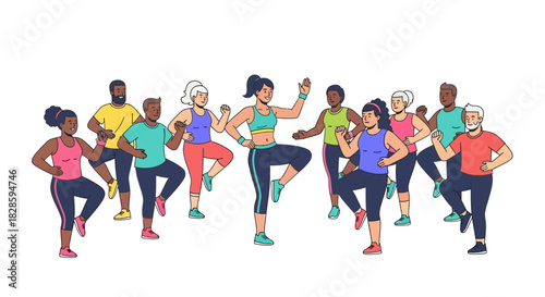 A diverse group of people are exercising together in a fitness class all doing a similar leg lift with raised arms